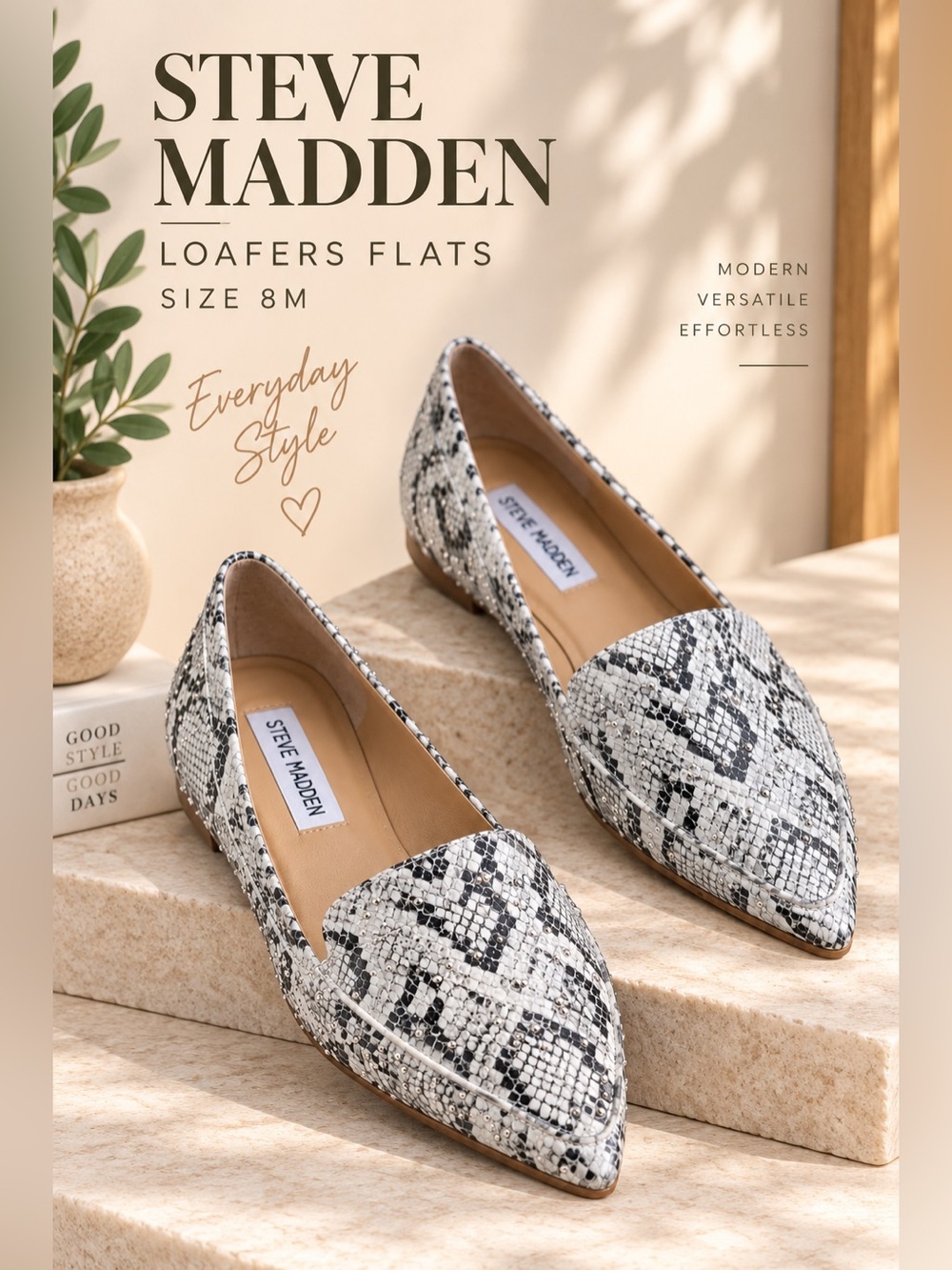 Steve Madden Snakeskin Pointed Toe Studded Loafers Flats Size 8M